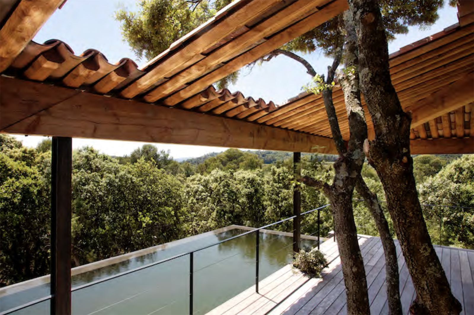 Maison MU à Murles, la pergola et le bassin sous les chênes