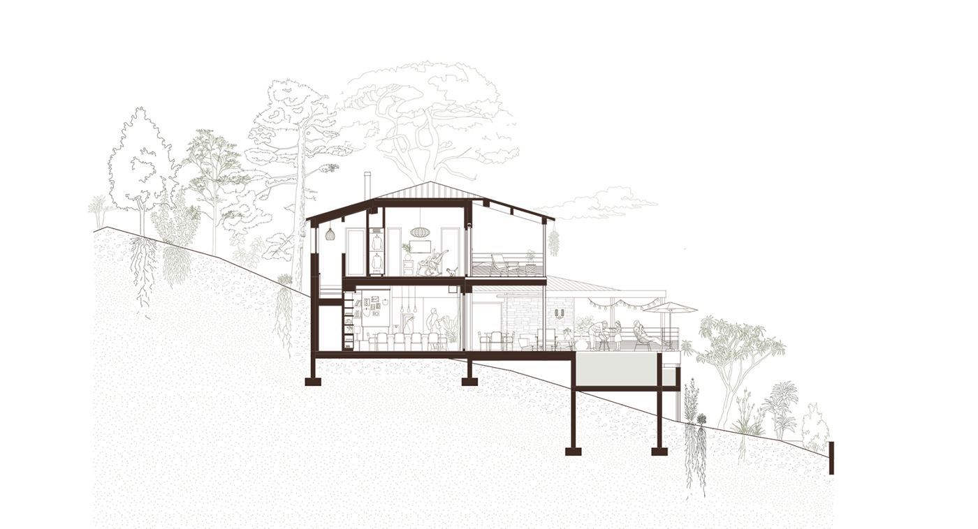 Coupe et plan dessinés de la maison sur la Côte des Nacres